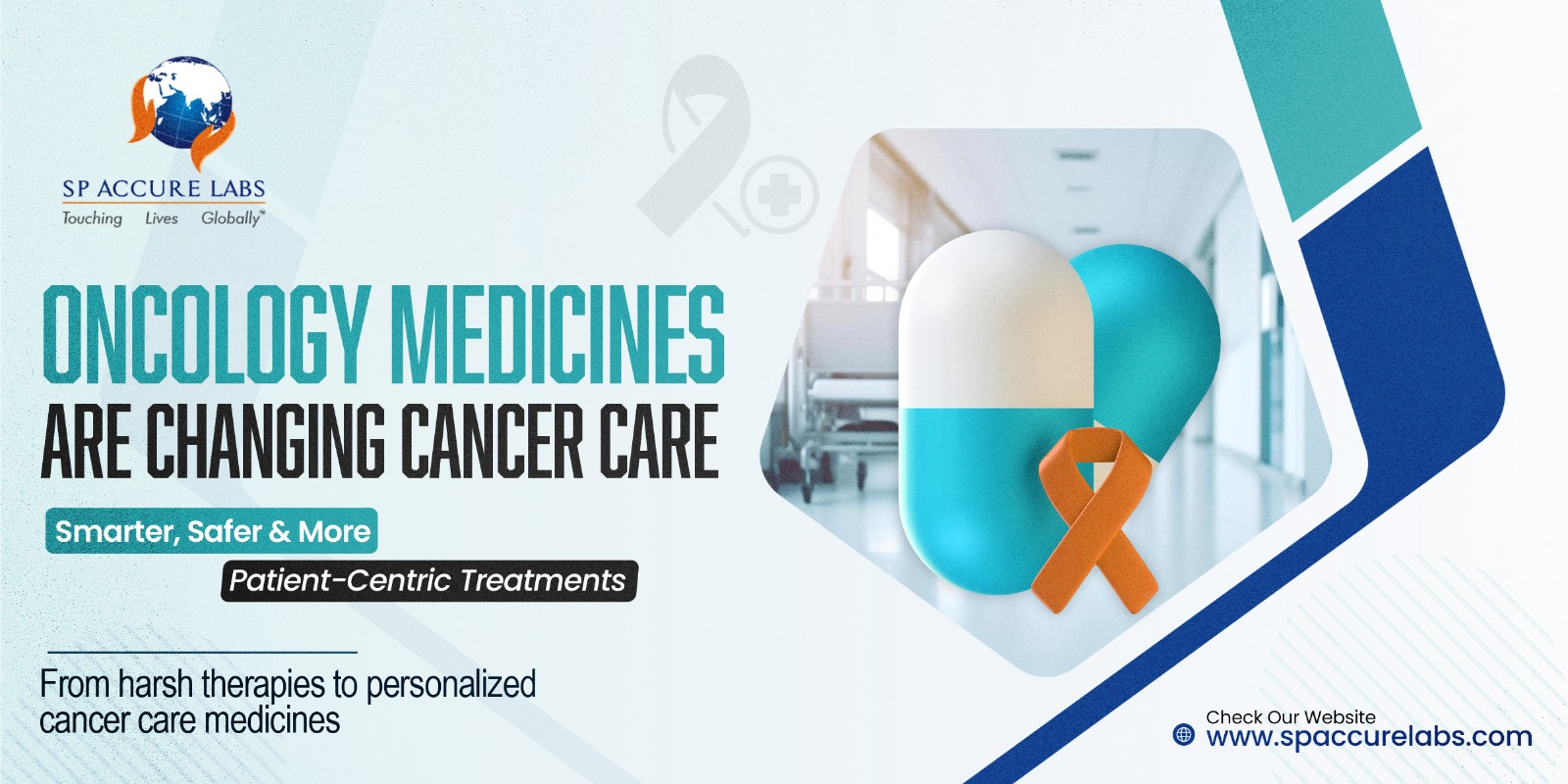 Space Cure Labs logo and tagline "Touching Lives Globally" with oncology medicines banner promoting smarter, safer, and patient-centric cancer care treatments.